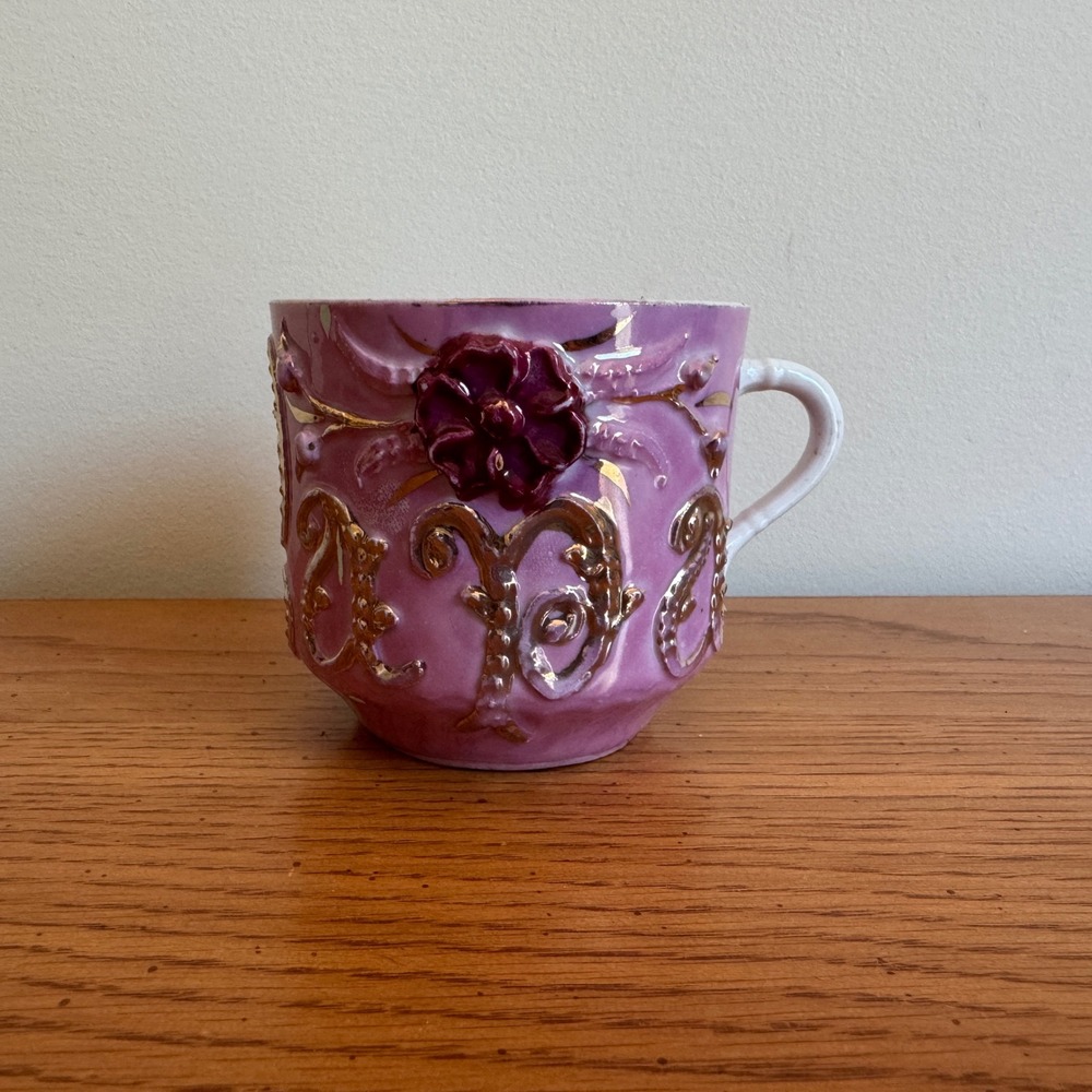Antique Germany Pink Lustreware Coffee‎ Cup PAPA Applied Flower Gold Gilt Relief
